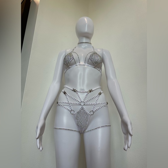 White AB Rhinestone 4 Piece Lingerie Set Bikini XS, D Cup, Festival, Rave, Dance - Picture 7 of 13